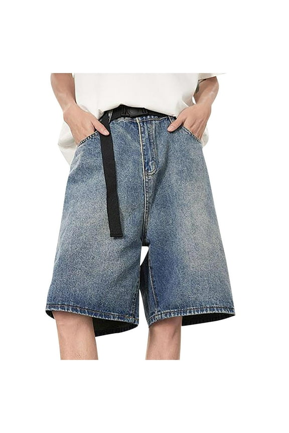 Men's Loose Fit Denim-Style Polyester Shorts - Elastic Waist with Belt, Deep Pockets, Relaxed Fit for Athletic Builds Spring Summer Casual Beach and Daily Wear