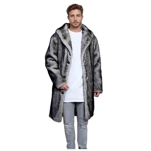 KIHOUT Men's Medium-Length Faux Mink Fur Coat - Premium Lapel Design with Button Front and Hooded Style for Luxurious Winter Warmth