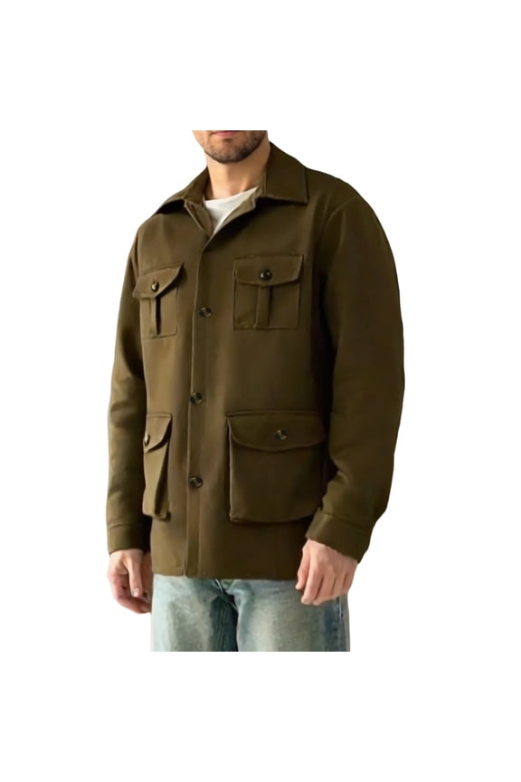 Men's Multi-Pocket Utility Jacket - Military Green Workwear Style with Button Front and Large Pockets for Outdoor Activities