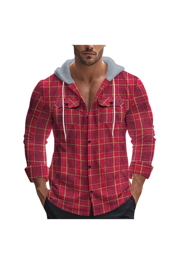 Men's Plaid Flannel Hooded Jacket - Classic Check Pattern with Button Front and Kangaroo Pocket for Casual Comfort