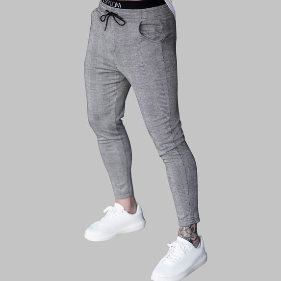 KIHOUT Men's Plaid Tapered Joggers Drawstring Waist with Pockets, Stretch Polyester Blend Pants for Casual and Active Wear
