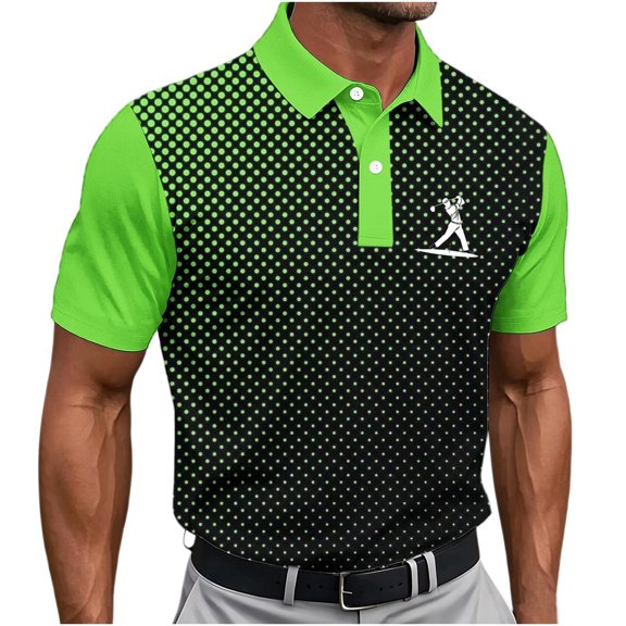 KIHOUT Men's Polka Dot Print Golf Polo Shirt, Quick-Dry Mesh Short Sleeve Top with Color Block Raglan Sleeves & Golfer Graphic
