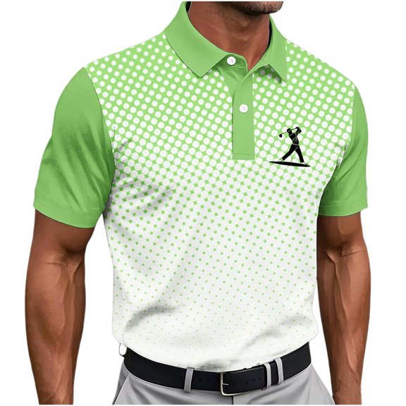 KIHOUT Men's Polka Dot Print Golf Polo Shirt, Quick-Dry Mesh Short Sleeve Top with Color Block Raglan Sleeves & Golfer Graphic