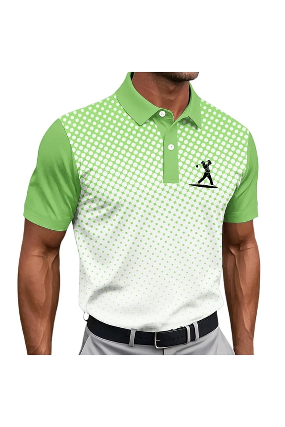 Men's Polka Dot Print Golf Polo Shirt, Quick-Dry Mesh Short Sleeve Top with Color Block Raglan Sleeves & Golfer Graphic