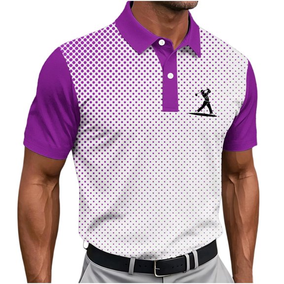 KIHOUT Men's Polka Dot Print Golf Polo Shirt, Quick-Dry Mesh Short Sleeve Top with Color Block Raglan Sleeves & Golfer Graphic