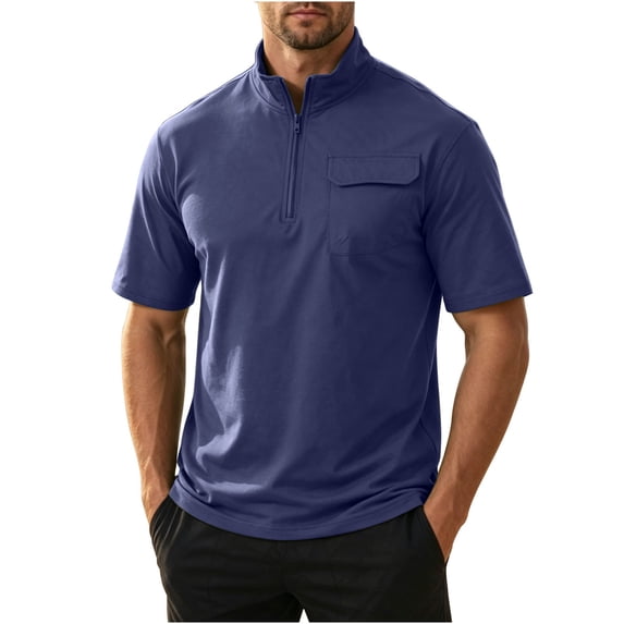 KIHOUT Men's Quarter-Zip Stand Collar Short Sleeve Shirt, Quick-Dry Polyester Top with Chest Pocket for Outdoor Sports & Casual Wear