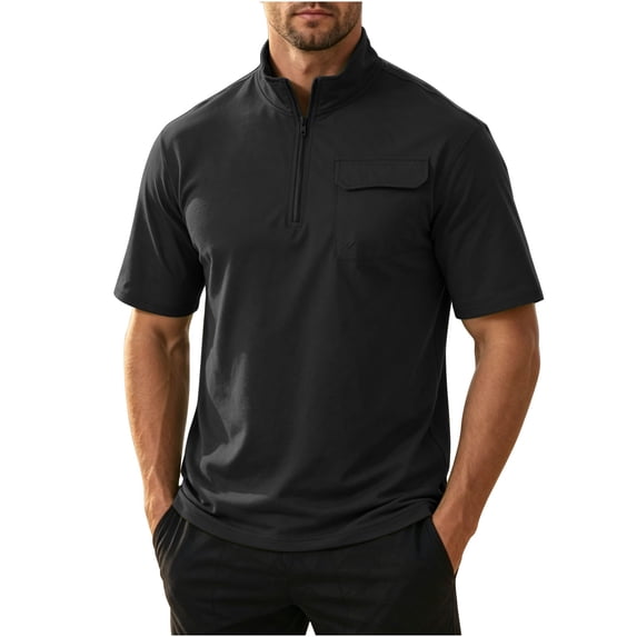 KIHOUT Men's Quarter-Zip Stand Collar Short Sleeve Shirt, Quick-Dry Polyester Top with Chest Pocket for Outdoor Sports & Casual Wear