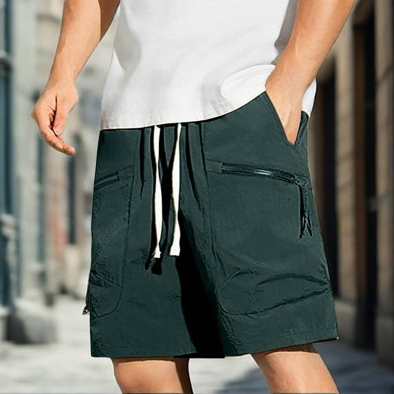 KIHOUT Men's Quick-Dry Casual Cargo Shorts - 100% Polyester, Elastic Drawstring Waist, Zippered Pockets, Relaxed Fit for Gym Training, Running and Summer Daily Wear