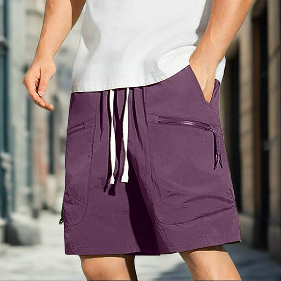 KIHOUT Men's Quick-Dry Casual Cargo Shorts - 100% Polyester, Elastic Drawstring Waist, Zippered Pockets, Relaxed Fit for Gym Training, Running and Summer Daily Wear
