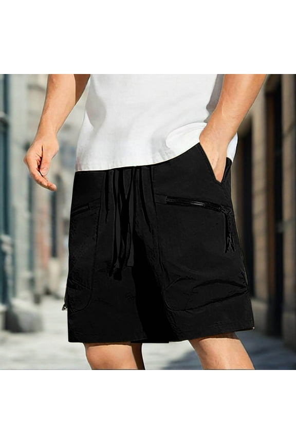 Men's Quick-Dry Casual Cargo Shorts - 100% Polyester, Elastic Drawstring Waist, Zippered Pockets, Relaxed Fit for Gym Training, Running and Summer Daily Wear