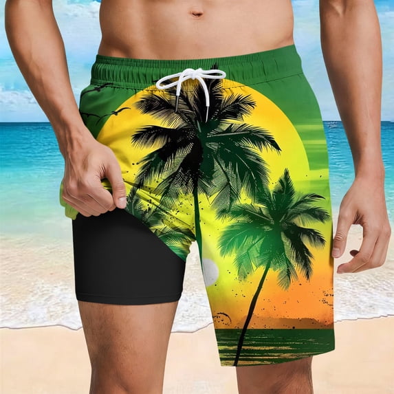 KIHOUT Men's Retro Sunset Palm Print 2-in-1 Swim Trunks - 95% Polyester 5% Spandex, Drawstring Elastic Waist, Lined with Pockets for Beach, Pool and Summer Casual Wear