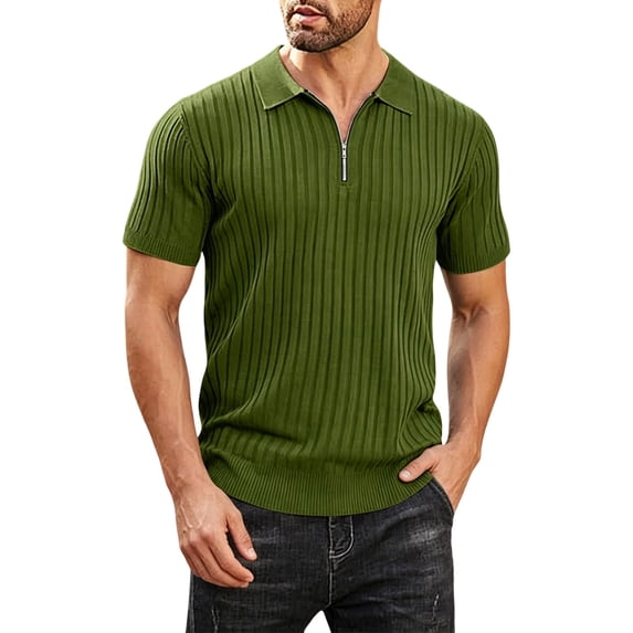 KIHOUT Men's Ribbed Knit Quarter-Zip Polo Shirt, Short Sleeve Casual & Business Textured Top