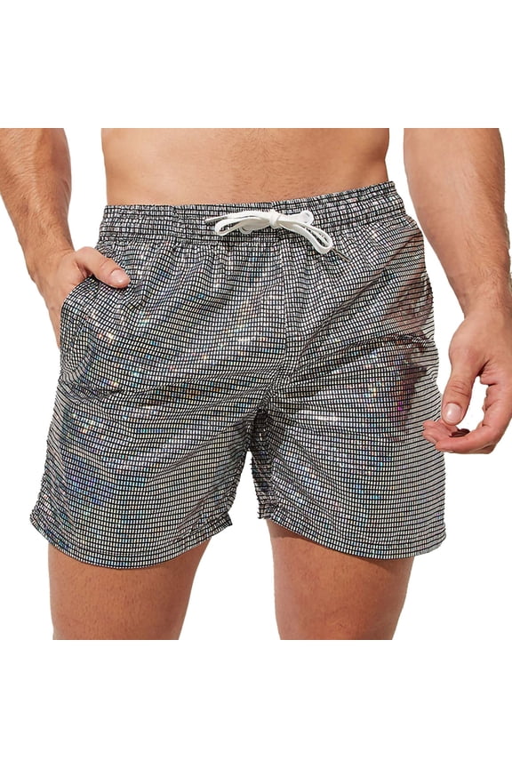 Men's Shiny Grid Sequins Design 3 Inch Inseam Swim Trunks Nylon Spandex Matte Quick Dry Beach Shorts