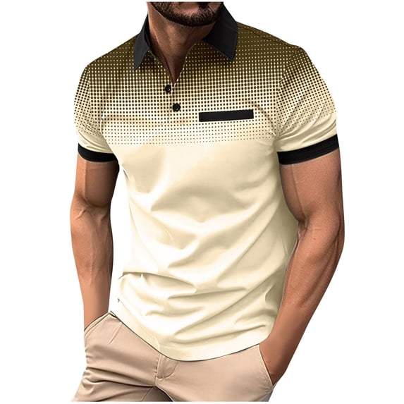 Awdenio New Arrivals Summer Mens Shirts, Men's Polka Gradient Lapel Button Sport Short-Sleeved Lapel Top Shirt, Fathers Day Gifts Beige 3XL