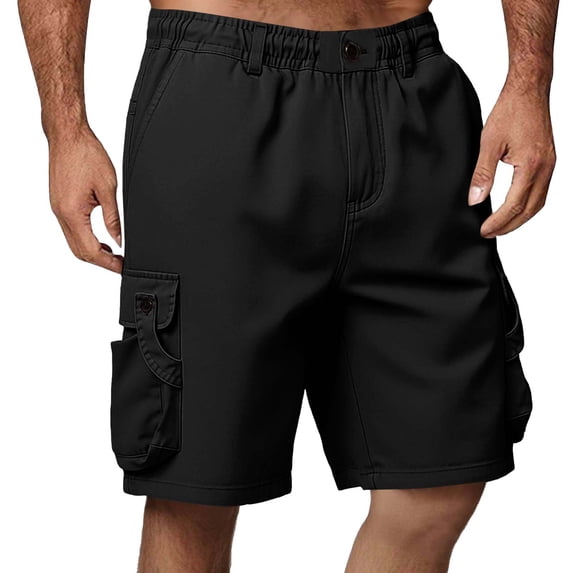 KIHOUT Men's Solid Cargo Shorts - 100% Polyester, Elastic Waist with Button Closure, Multi-Pocket Design for Outdoor, Casual and Daily Wear