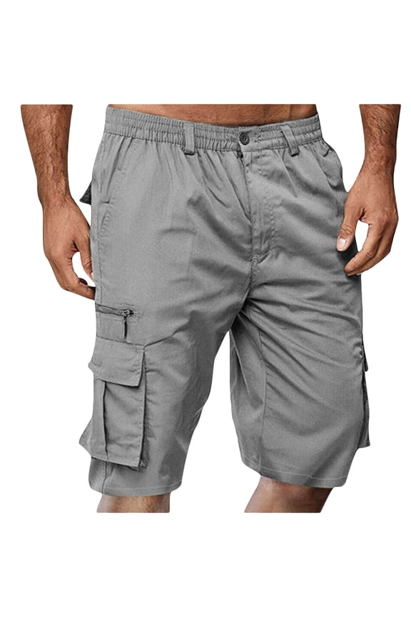 Men's Solid Cargo Shorts - 100% Polyester, Elastic Waist with Button Zipper, Multi-Pocket Design for Outdoor, Casual and Daily Wear