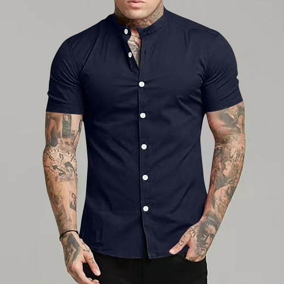 KIHOUT Men's Solid Casual Button Shirts Summer Daily Business Stand Collar Short Sleeve Blouse Tops