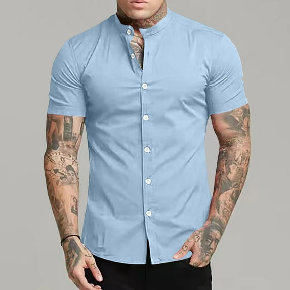 KIHOUT Men's Solid Casual Button Shirts Summer Daily Business Stand Collar Short Sleeve Blouse Tops