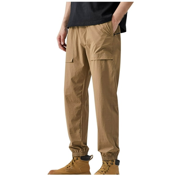 KIHOUT Men's Solid Color Ice Silk Cargo Joggers Lightweight Nylon Spandex Pants with Elastic Waist and Ankle Cuffs for Outdoor and Casual Wear