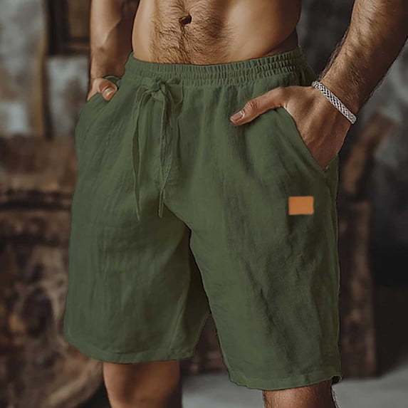 KIHOUT Men's Solid Color Pre-Shrunk 60% Cotton 40% Linen Beach Shorts Elastic Waist Drawstring Casual Shorts with Pockets