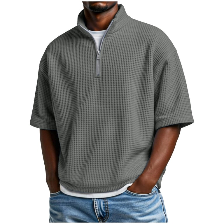 KIHOUT Men's Solid Color Short Sleeve Stand-Up Collar Half-Zip