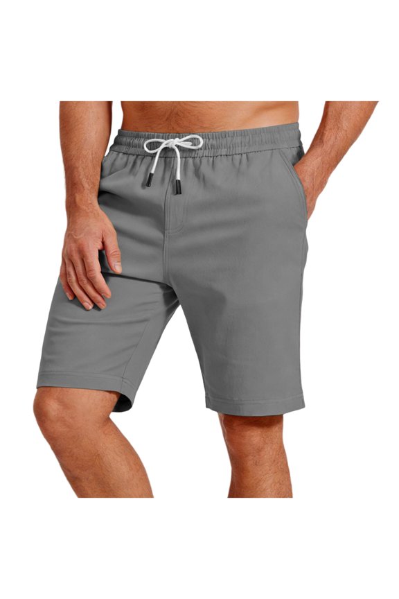Men's Solid Elastic Waist Drawstring Casual Shorts - 100% Polyester, Side Pockets for Summer, Outdoor and Daily Wear