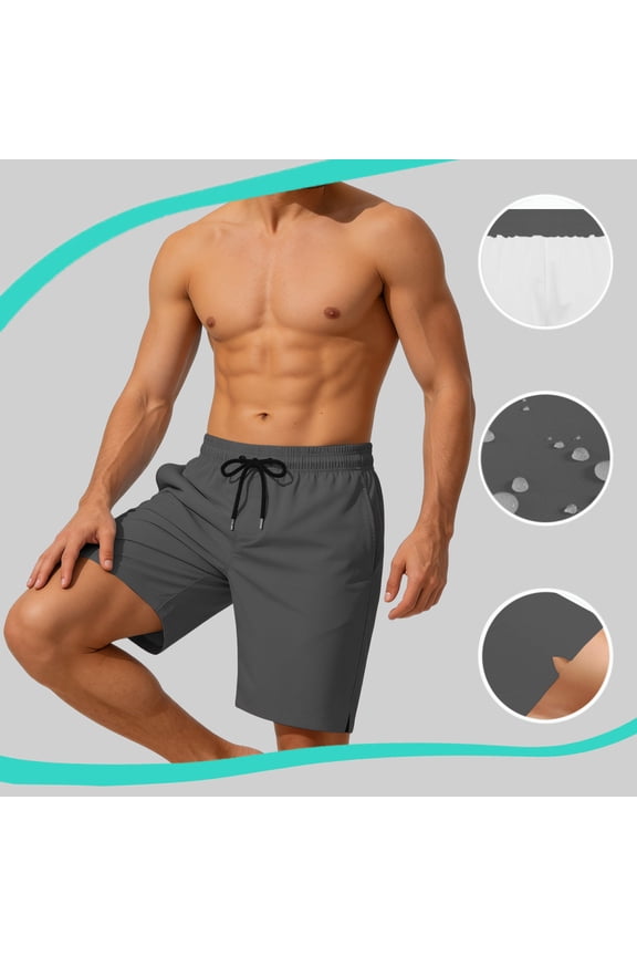 Men's Solid Quick-Dry Swim Trunks - 95% Polyester 5% Spandex, Elastic Drawstring Waist, Mesh Lined with Pockets for Beach, Pool and Active Wear