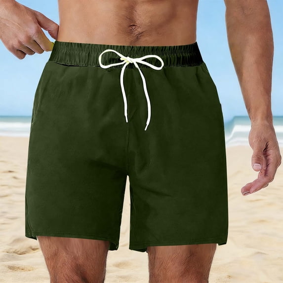 KIHOUT Men's Solid Quick-Dry Swim Trunks - Polyester, Elastic Drawstring Waist, Lined Design for Beach, Pool, Swimming and Summer Casual Wear