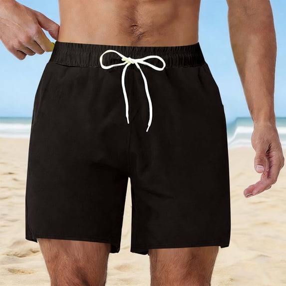 KIHOUT Men's Solid Quick-Dry Swim Trunks - Polyester, Elastic Drawstring Waist, Lined Design for Beach, Pool, Swimming and Summer Casual Wear