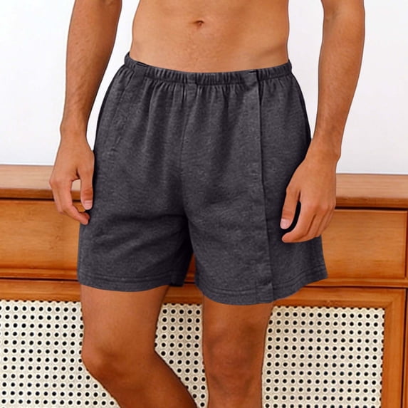 KIHOUT Men's Solid Snap-Open Postoperative Shorts - Polyester, Elastic Waist, Fully Open Design for Recovery, Home and Daily Wear in Spring and Summer