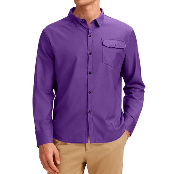 KIHOUT Men's Spring Summer Solid Color Lapel Button Pocket Business Casual Long Sleeve Shirt