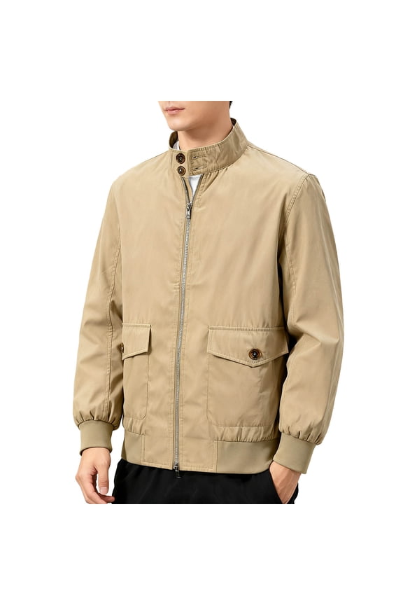 Men's Stand Collar Utility Jacket - Button-Accent Military Style Jacket with Multiple Pockets for Casual Wear