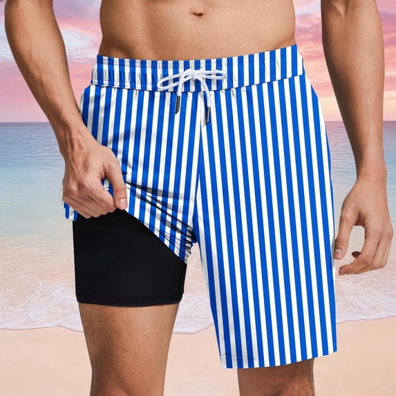 KIHOUT Men's Striped Print 2-in-1 Compression Lined Quick Dry Swim Trunks Elastic Drawstring Waist Beach Shorts