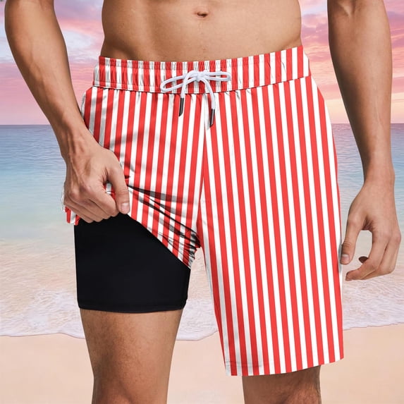 KIHOUT Men's Striped Print 2-in-1 Compression Lined Quick Dry Swim Trunks Elastic Drawstring Waist Beach Shorts