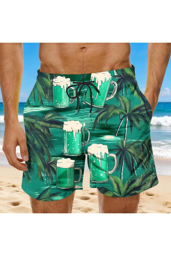 Men's Sunset Surf Print Quick-Dry Beach Shorts - 95% Polyester 5% Spandex, Drawstring Elastic Waist, Side Pockets for Summer Vacation, Swimming and Casual Wear