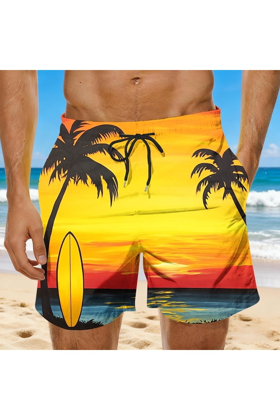 Men's Sunset Surf Print Quick-Dry Beach Shorts - 95% Polyester 5% Spandex, Drawstring Elastic Waist, Side Pockets for Summer Vacation, Swimming and Casual Wear