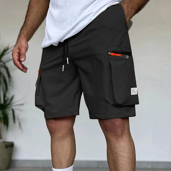 KIHOUT Men's Tactical Cargo Shorts - Polyester, Elastic Drawstring Waist, Zippered Utility Pockets, Relaxed Fit for Outdoor Hiking, Gym Training and Summer Casual Wear