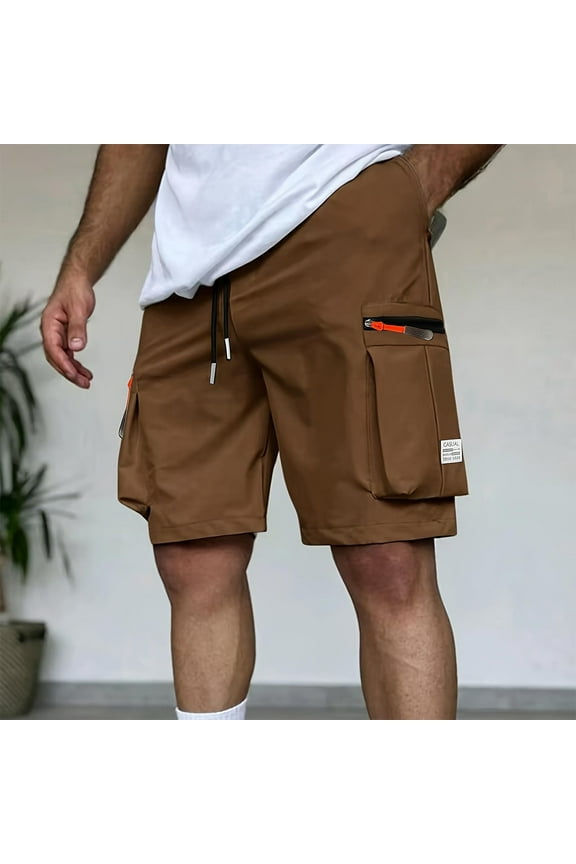 Men's Tactical Cargo Shorts - Polyester, Elastic Drawstring Waist, Zippered Utility Pockets, Relaxed Fit for Outdoor Hiking, Gym Training and Summer Casual Wear