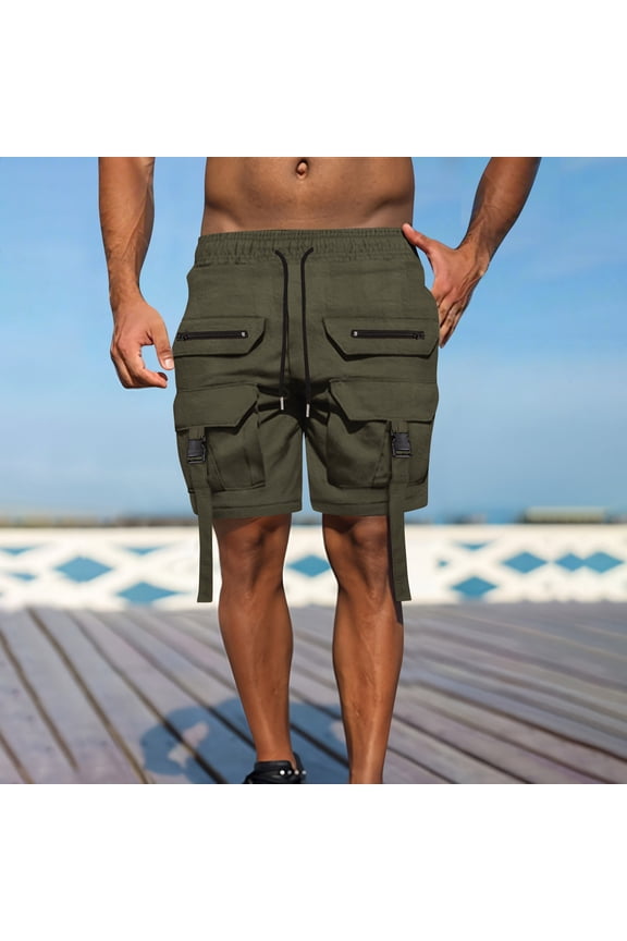 Men's Tactical Polyester Cargo Shorts - Elastic Drawstring Waist, Multi-Zipper Pockets, Utility Straps, Knee-Length for Summer Casual, Outdoor and Daily Wear