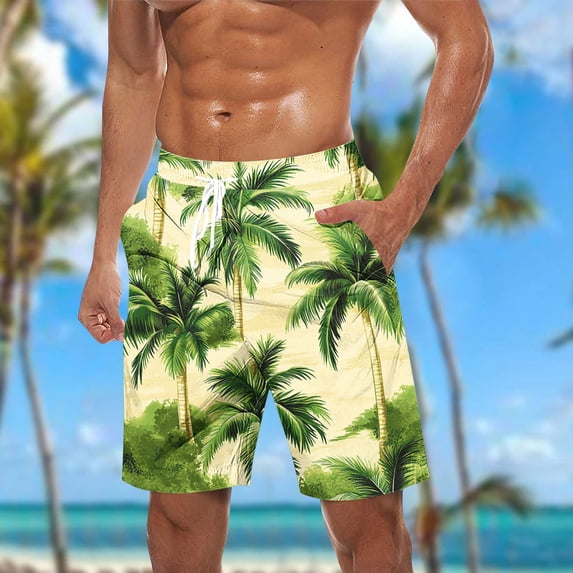 KIHOUT Men's Tropical Palm Tree Beach Landscape Print Quick Dry Beach Shorts Elastic Waist Drawstring 4-Way Stretch Polyester Swim Trunks with Pockets