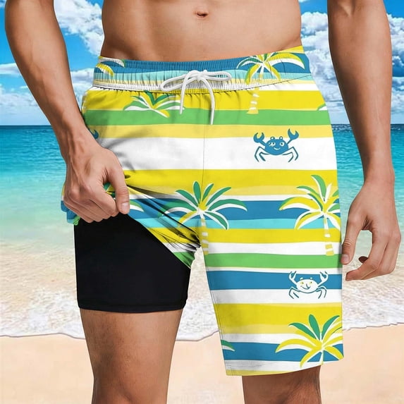 KIHOUT Men's Tropical Seahorse Print 2-in-1 Swim Trunks - 95% Polyester 5% Spandex, Drawstring Elastic Waist, Lined with Pockets for Beach, Pool and Summer Casual Wear