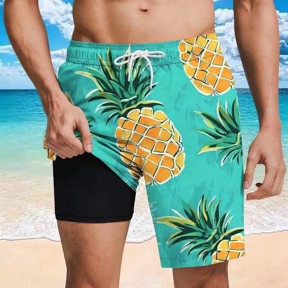 KIHOUT Men's Tropical Seahorse Print 2-in-1 Swim Trunks - 95% Polyester 5% Spandex, Drawstring Elastic Waist, Lined with Pockets for Beach, Pool and Summer Casual Wear
