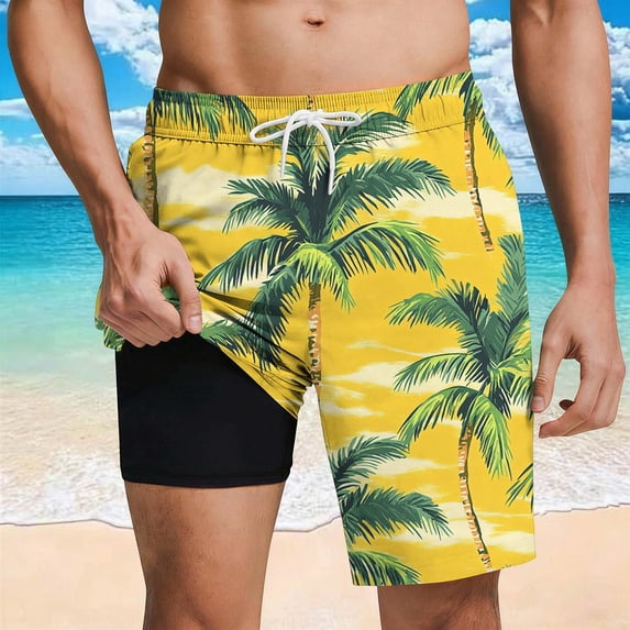 KIHOUT Men's Tropical Seahorse Print 2-in-1 Swim Trunks - 95% Polyester 5% Spandex, Drawstring Elastic Waist, Lined with Pockets for Beach, Pool and Summer Casual Wear