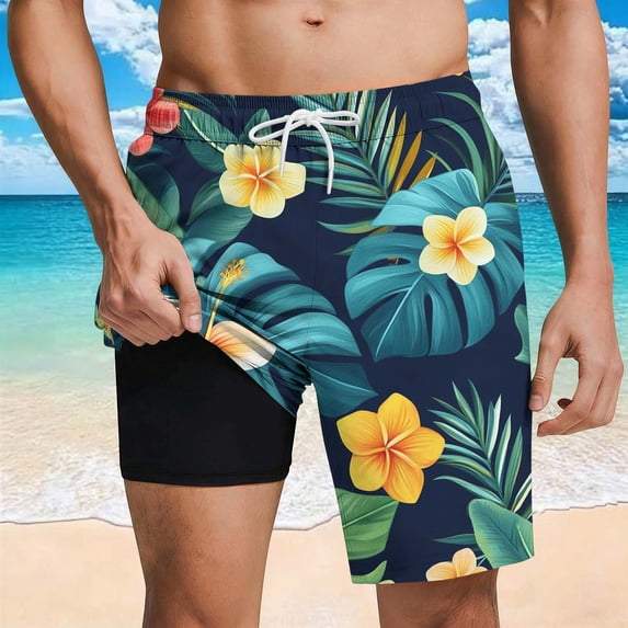 KIHOUT Men's Tropical Seahorse Print 2-in-1 Swim Trunks - 95% Polyester 5% Spandex, Drawstring Elastic Waist, Lined with Pockets for Beach, Pool and Summer Casual Wear
