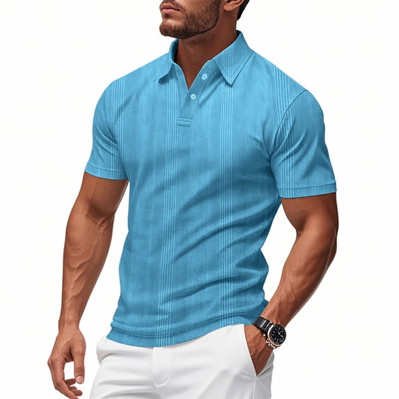 KIHOUT Men's Vertical Fine Rib Knit Short Sleeve Polo Shirt, Two Button Slim Fit Breathable Solid Acrylic Casual Top