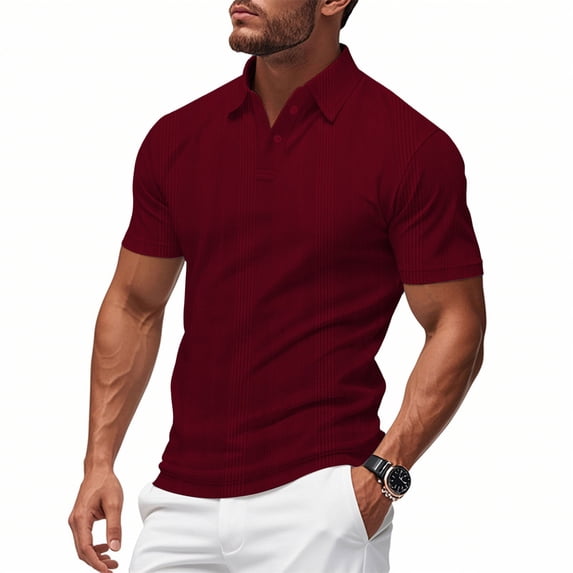 KIHOUT Men's Vertical Fine Rib Knit Short Sleeve Polo Shirt, Two Button Slim Fit Breathable Solid Acrylic Casual Top