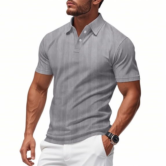 KIHOUT Men's Vertical Fine Rib Knit Short Sleeve Polo Shirt, Two Button Slim Fit Breathable Solid Acrylic Casual Top