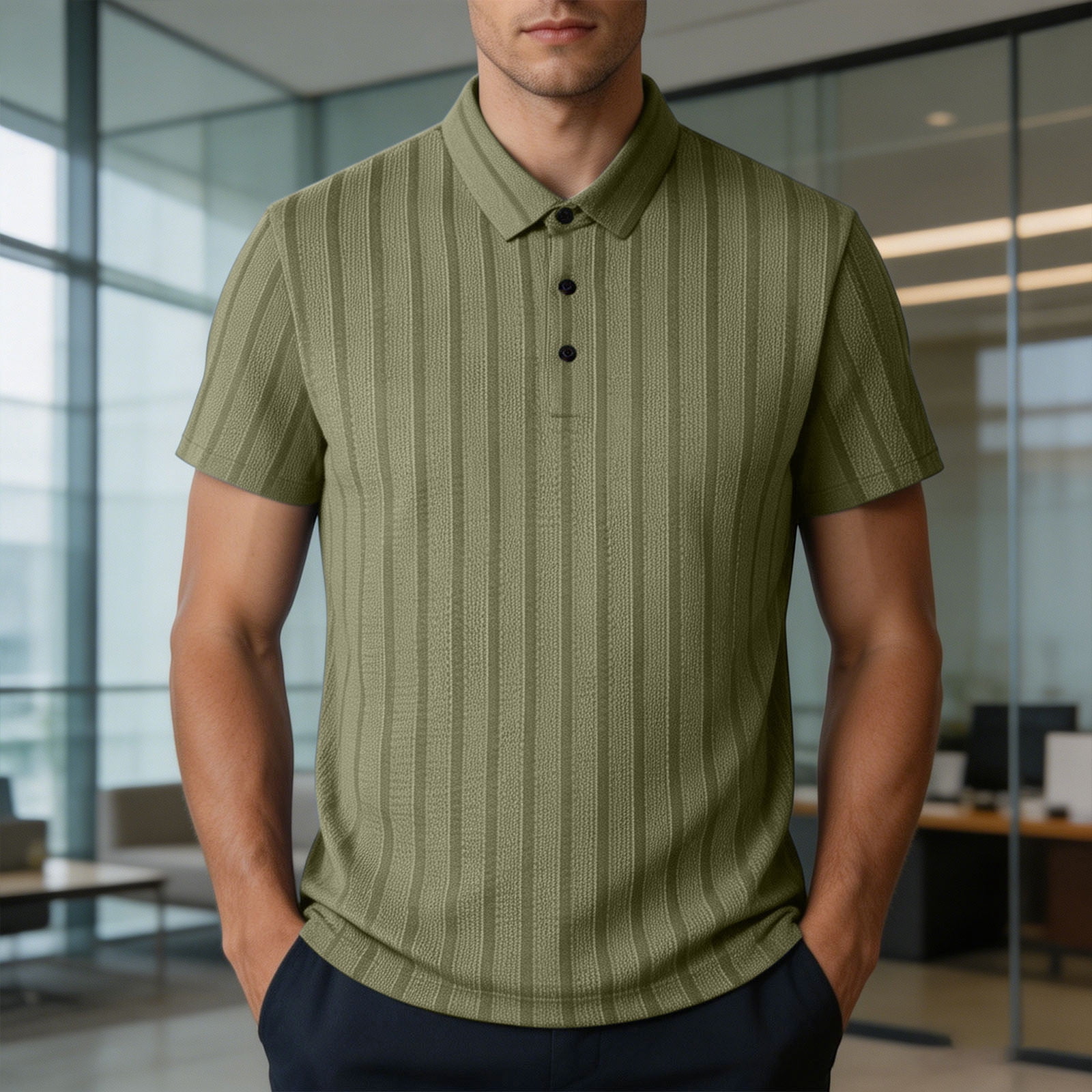 KIHOUT Men's Vertical Striped Mesh Knit Ice Silk Short Sleeve Polo
