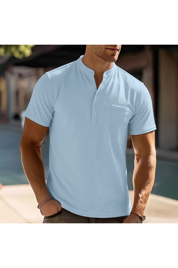 Men's Vertical Waffle Rib Henley Chest Pocket Short Sleeve T-Shirt, Mandarin Collar Five Button Placket Relaxed Fit Stretch Quick Dry Polyester Spandex Casual Tee
