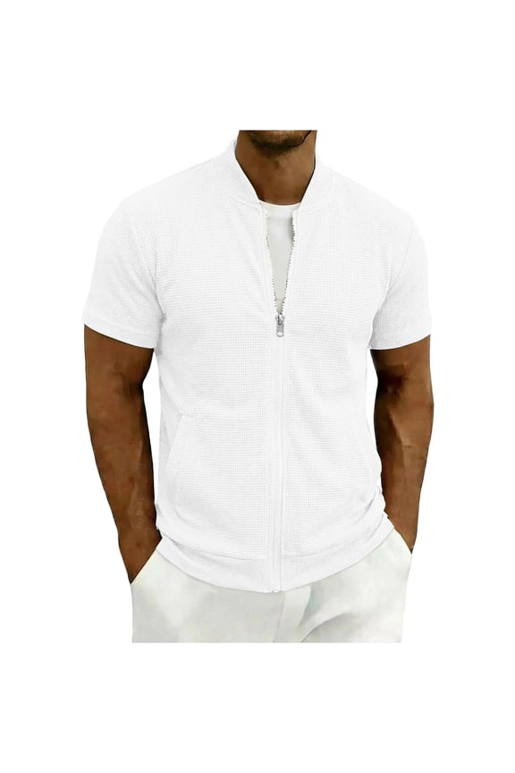 Men's Waffle Knit Full-Zip Short Sleeve Bomber Jacket, Casual Stand Collar Lightweight Outerwear